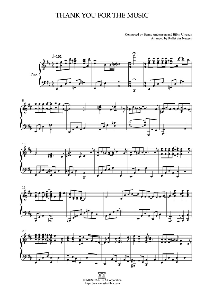 Sheet music of ABBA Thank You for the Music arranged for piano solo preview page 1