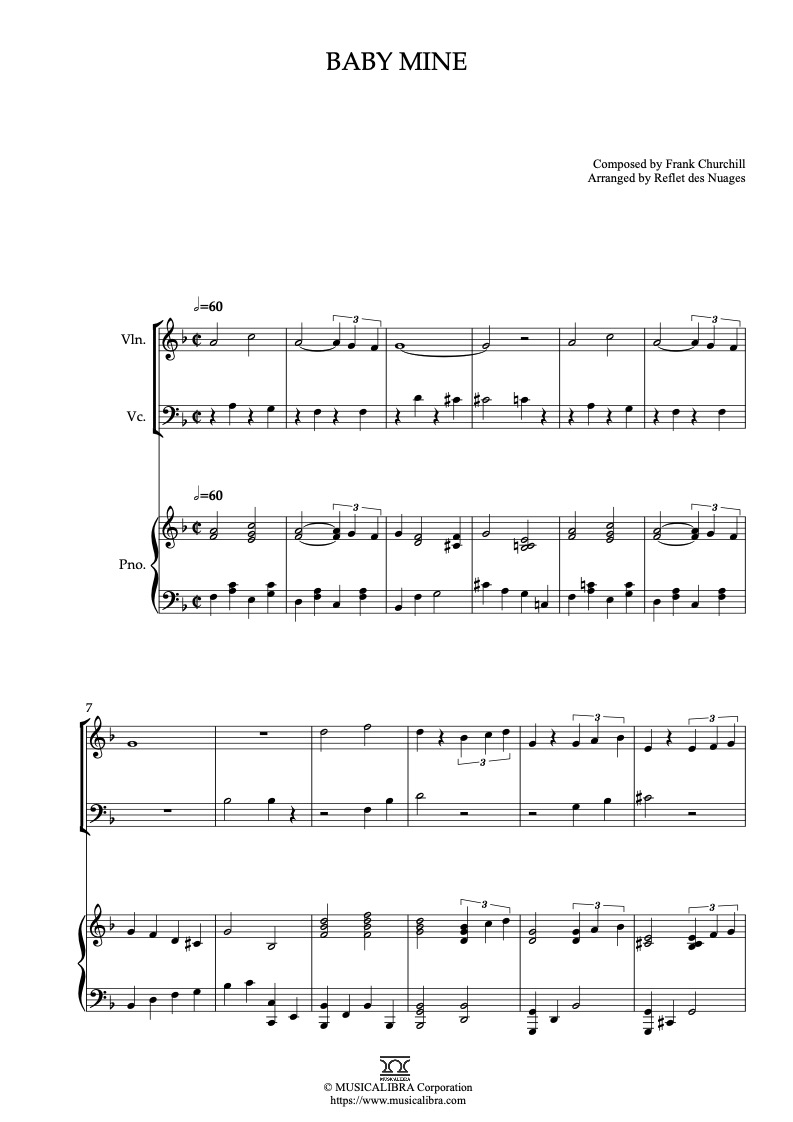 Partitura de Dumbo Baby Mine arreglada para trío de violín, violonchelo y piano
