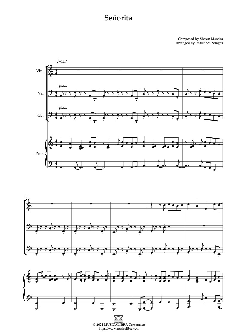 Señorita(Shawn Mendes, Camila Cabello) 四重奏 乐谱 - 小提琴, 大提琴, 低音提琴, 钢琴
