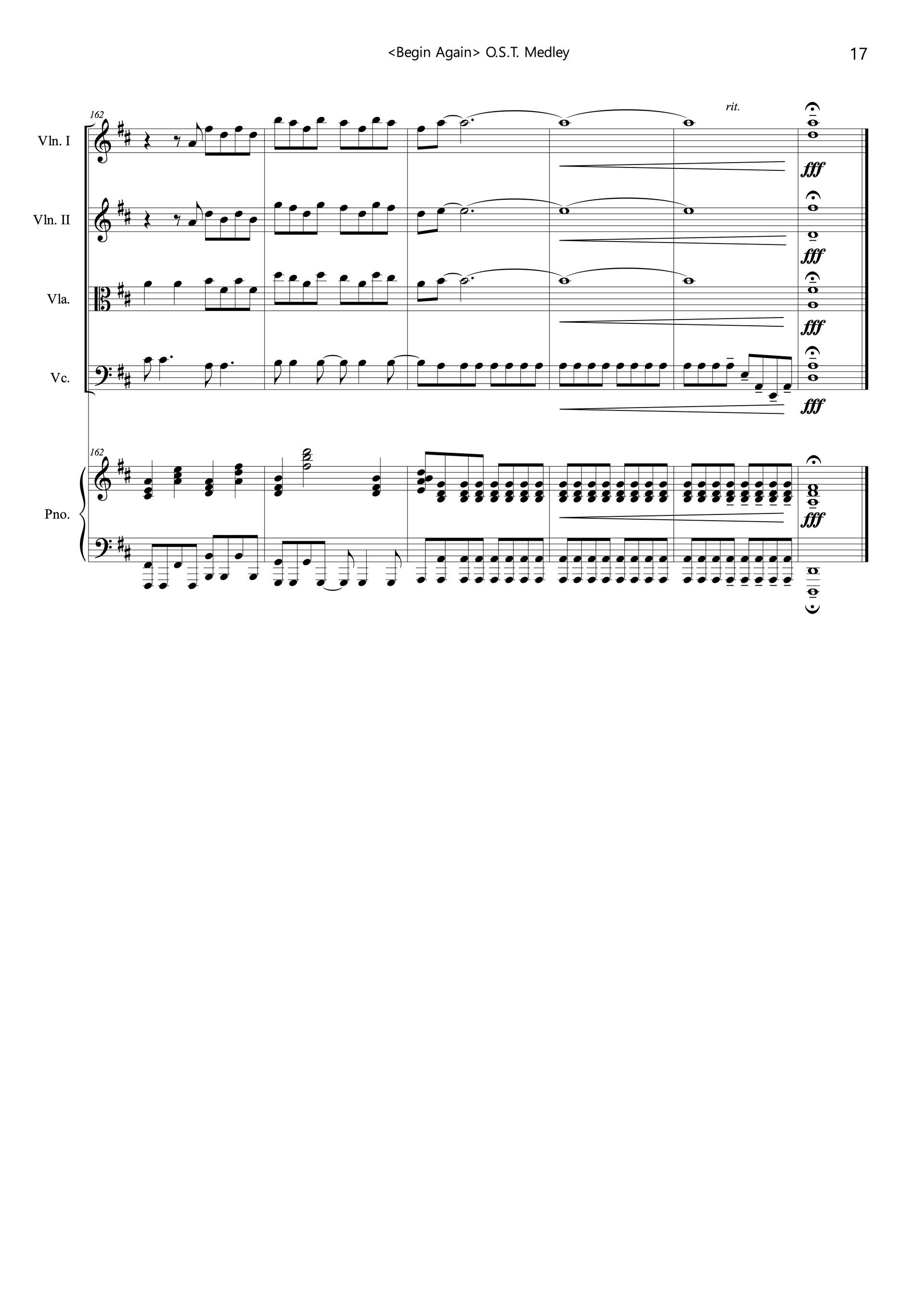 Begin Again 메들리 바이올린, 비올라, 첼로, 피아노 5중주 실내악 앙상블 악보