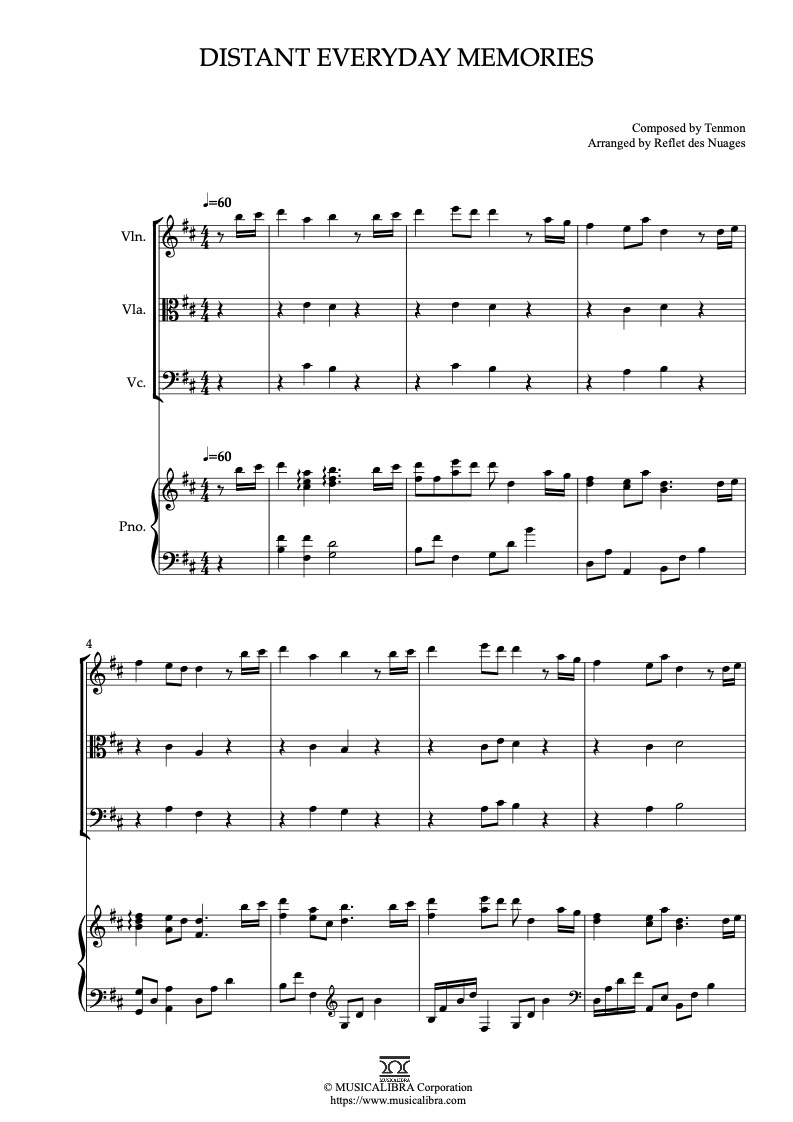 Partitura de 5 Centimeter per Second Distant Everyday Memories arreglada para cuarteto de violín, viola, violonchelo y piano
