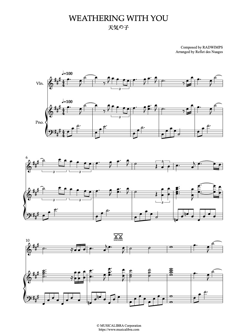 Partitura de Weathering With You arreglada para dueto de violín y piano
