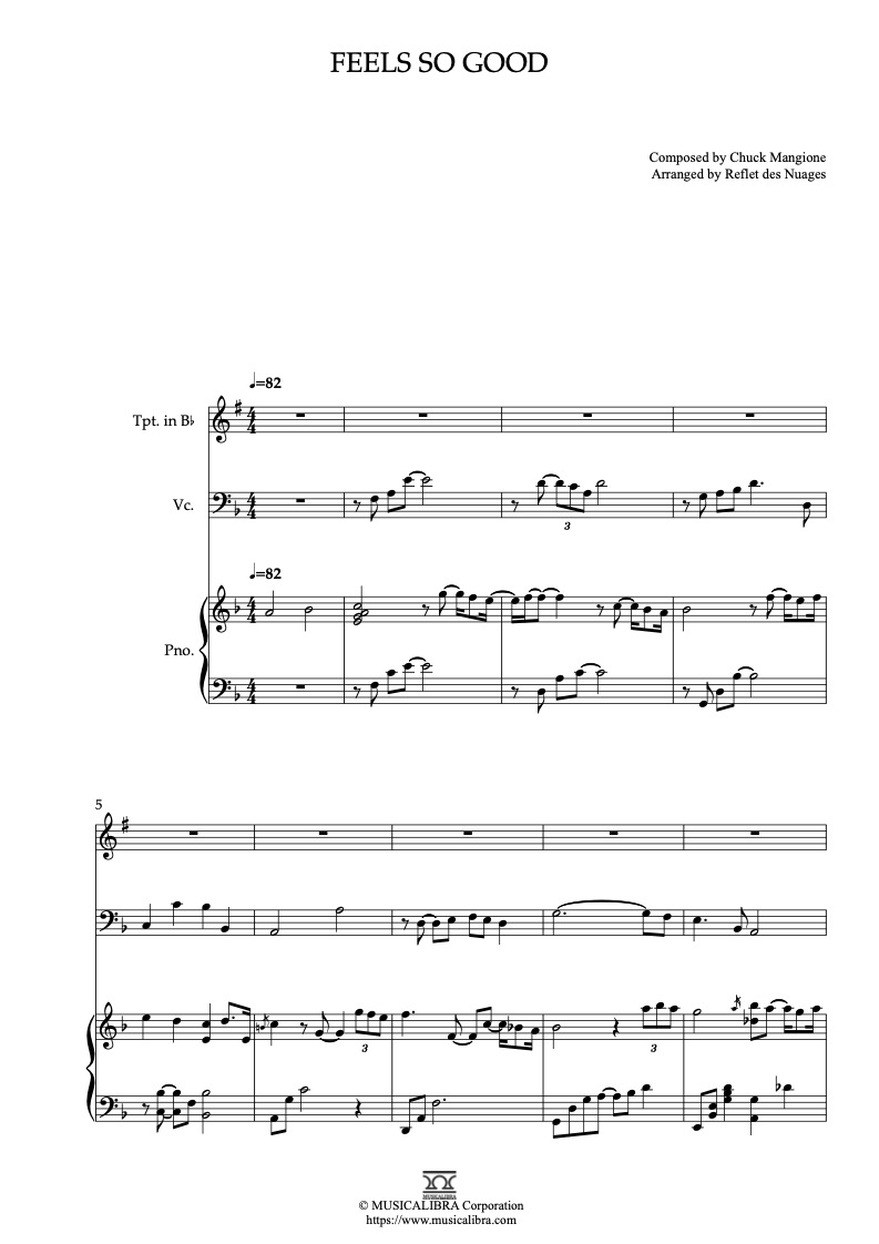 Chuck Mangione Feels So Good Bb 트럼펫, 첼로, 피아노 트리오 실내악 앙상블 편곡 악보