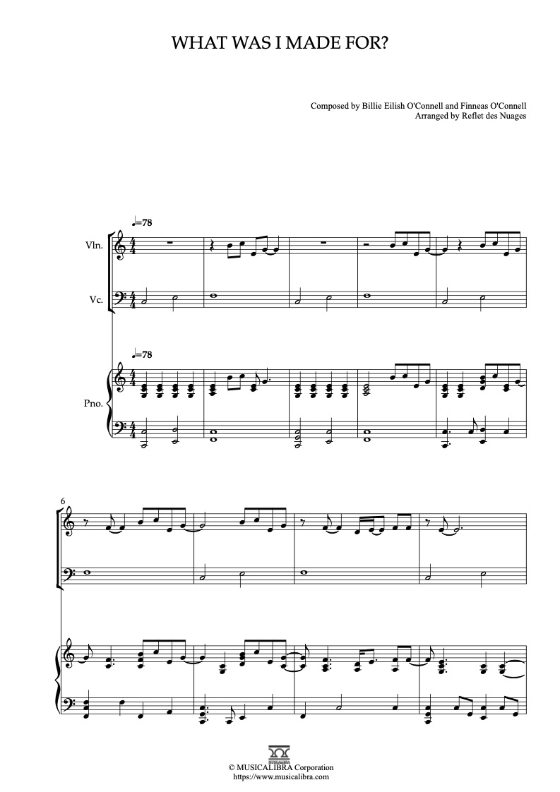 Billie Eilish What Was I Made For? 三重奏 乐谱 - 小提琴, 大提琴, 钢琴