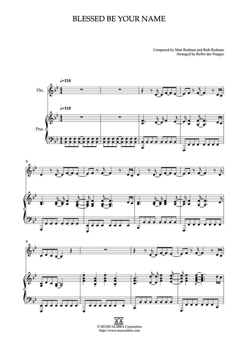 Sheet music of Matt Redman Blessed Be Your Name arranged for violin and piano duet chamber ensemble preview page 1