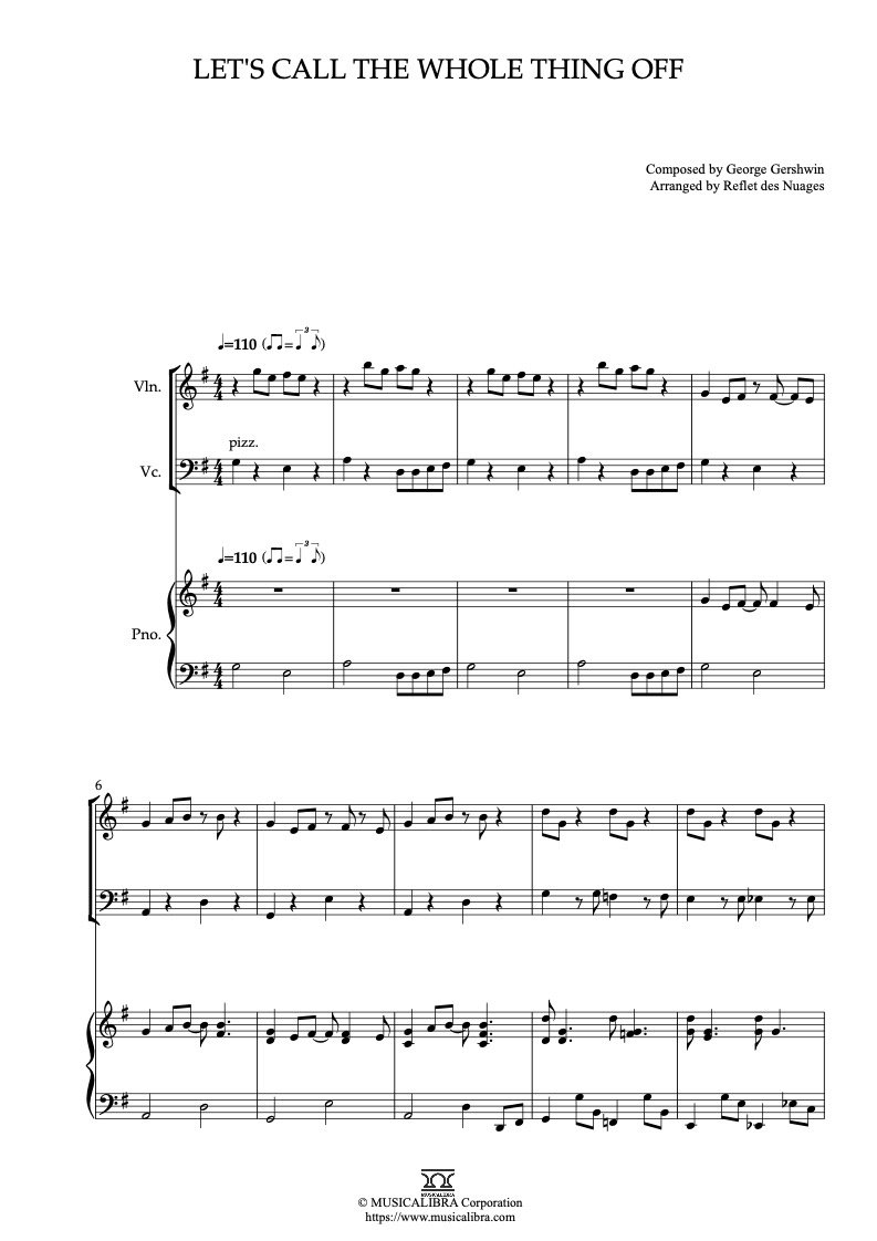 Sheet music of Shall We Dance Let's Call the Whole Things Off arranged for violin, cello and piano trio chamber ensemble preview page 1