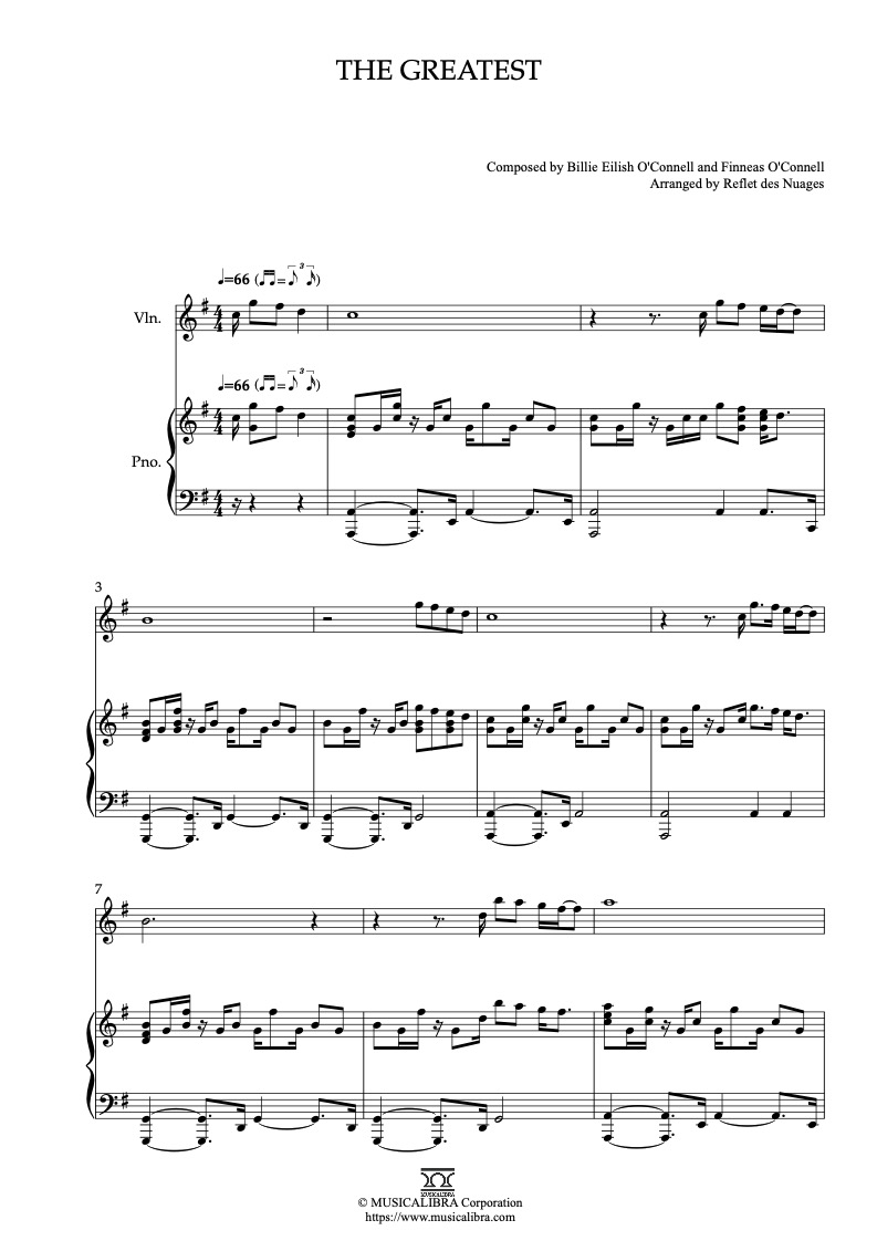 Sheet music of Billie Eilish The Greatest arranged for violin and piano duet chamber ensemble preview page 1