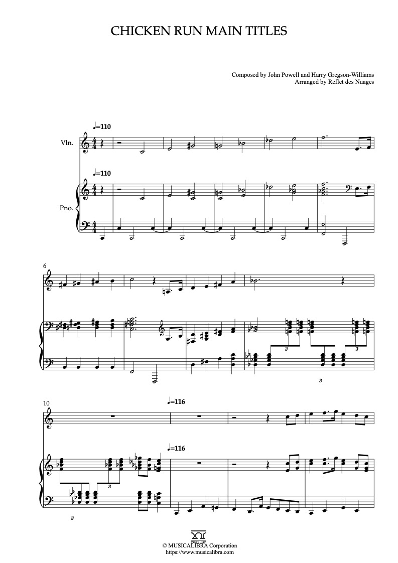 Partitura de Chicken Run Main Titles arreglada para dueto de violín y piano