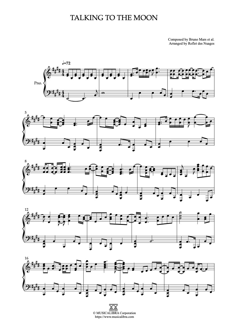 Sheet music of Bruno Mars Talking to the Moon arranged for piano solo preview page 1