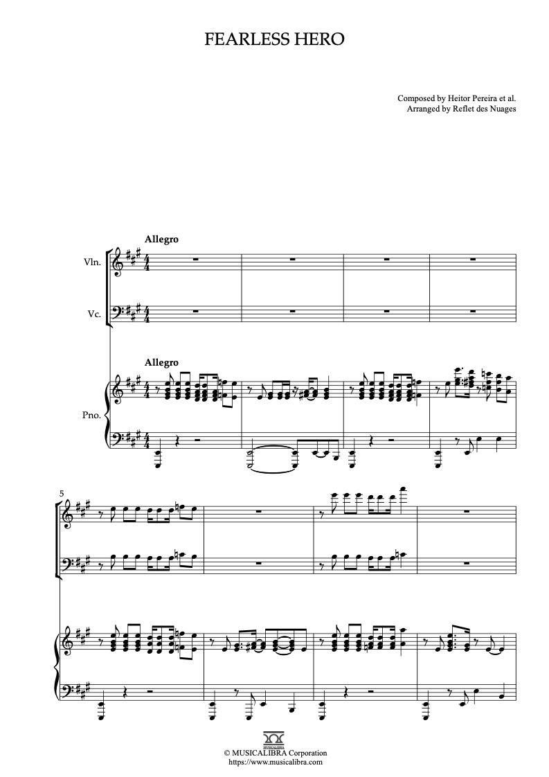 Sheet music of Puss in Boots Fearless Hero arranged for violin, cello and piano trio chamber ensemble preview page 1