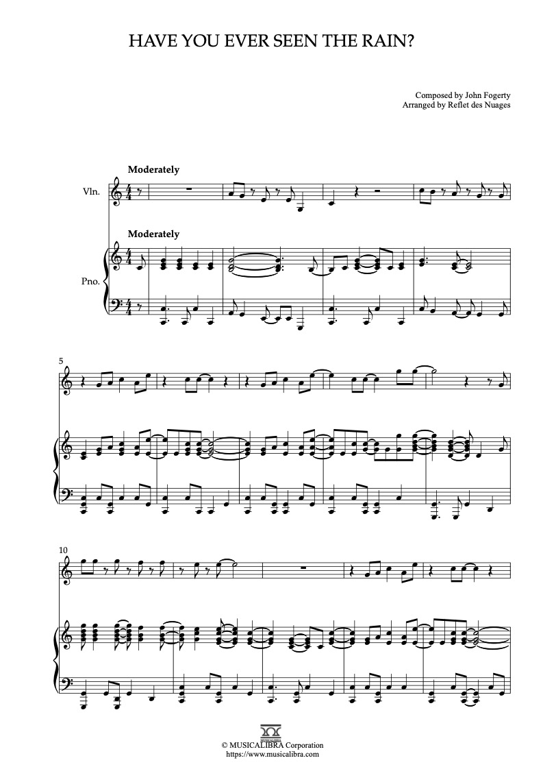 Sheet music of CCR Have You Ever Seen the Rain? arranged for violin and piano duet chamber ensemble preview page 1