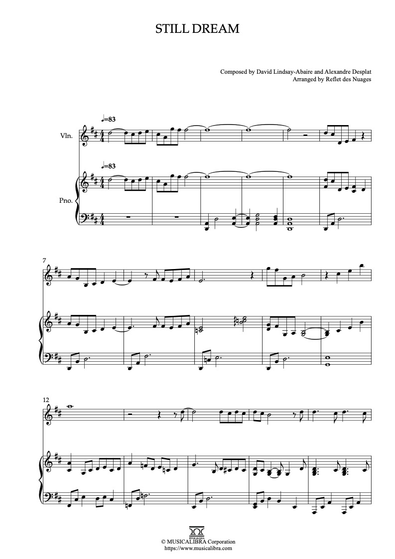 Partitura de Rise of the Guardians Still Dream arreglada para dueto de violín y piano