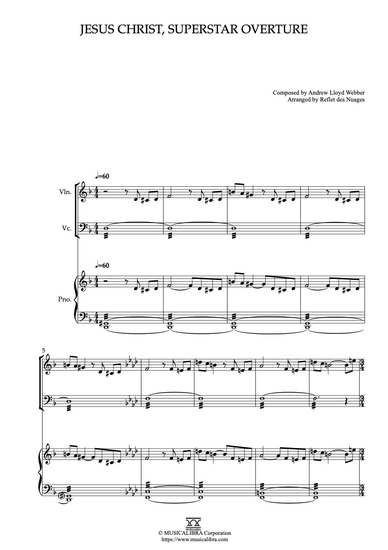 Sheet music of Jesus Christ, Superstar Overture arranged for violin, cello and piano trio chamber ensemble preview page 1