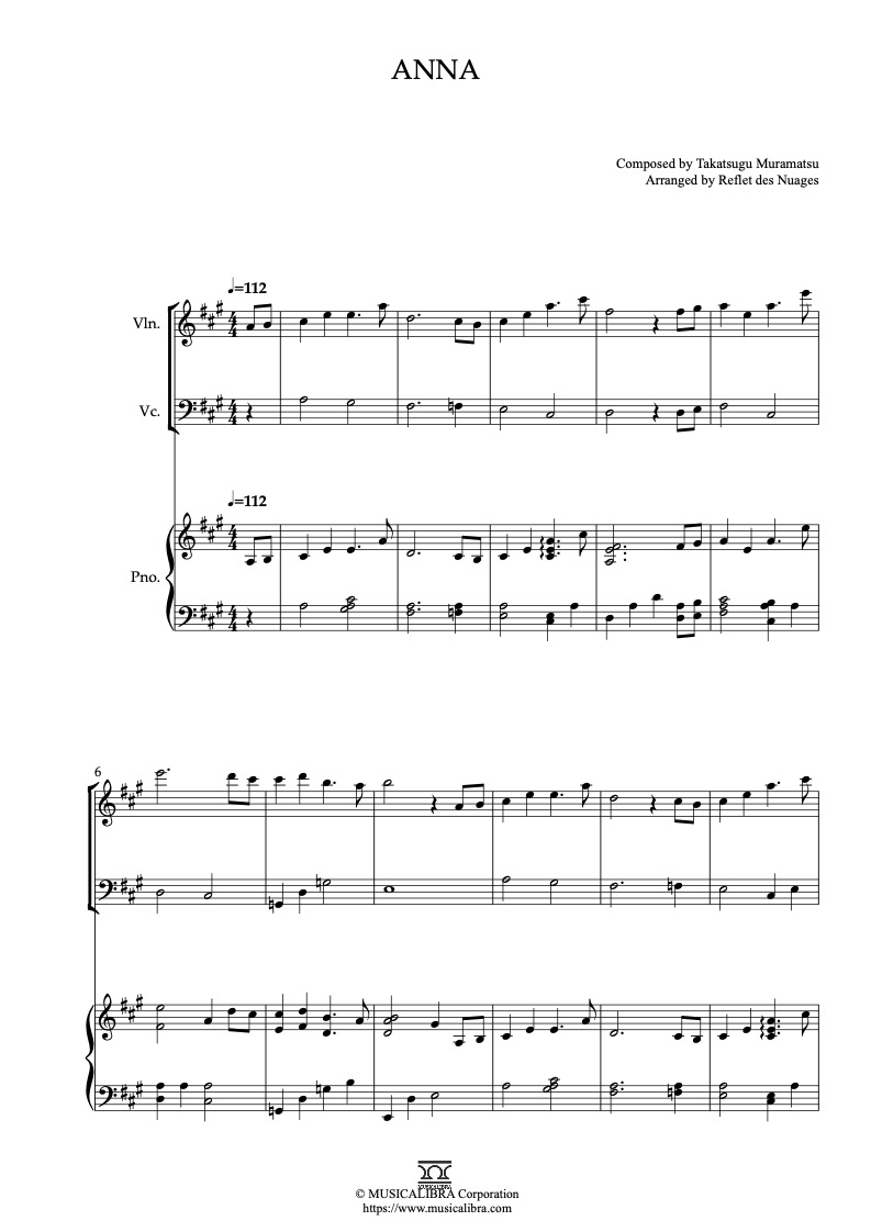 When Marnie Was There Anna 三重奏 乐谱 - 小提琴, 大提琴, 钢琴