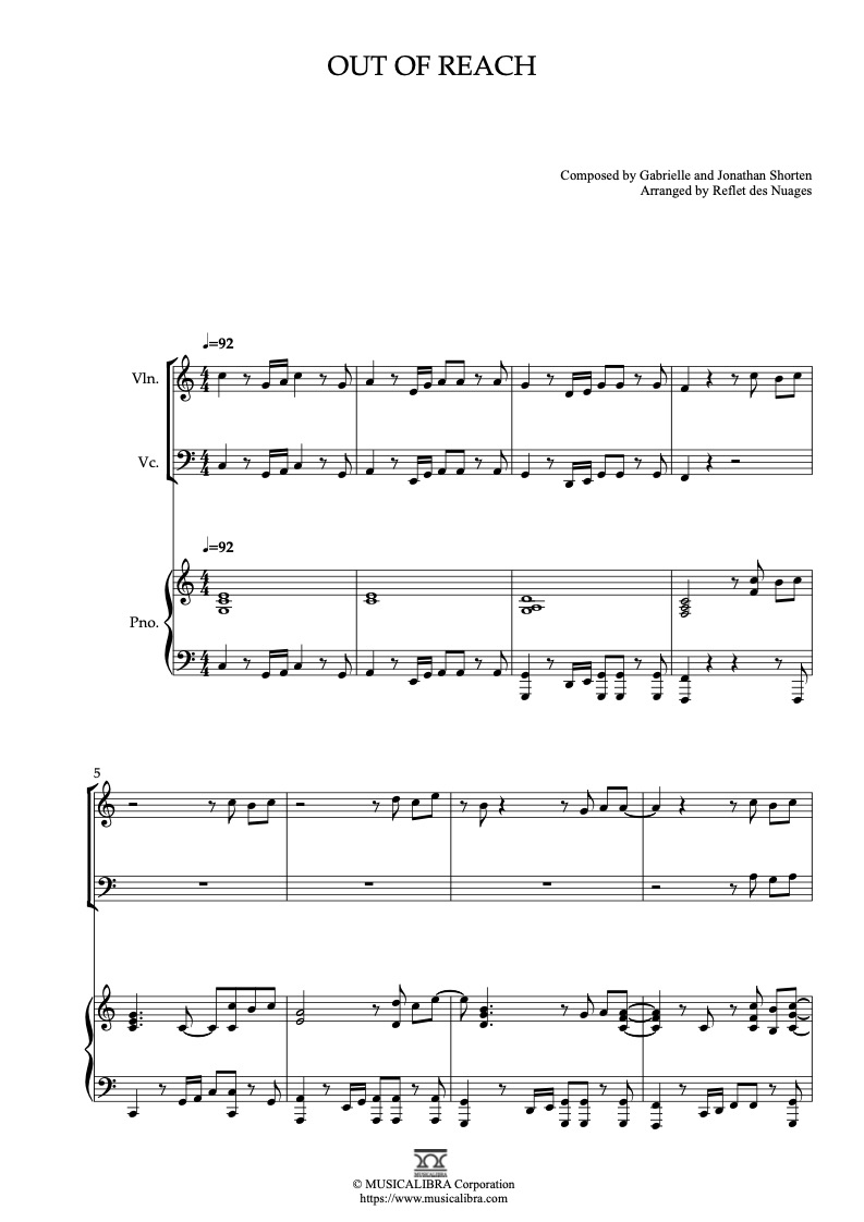 Partitura de Gabrielle Out of Reach arreglada para trío de violín, violonchelo y piano