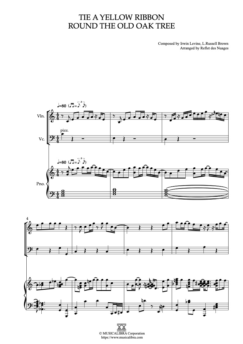 Sheet music of Tie a Yellow Ribbon Round the Old Oak Tree arranged for violin, cello and piano trio chamber ensemble preview page 1