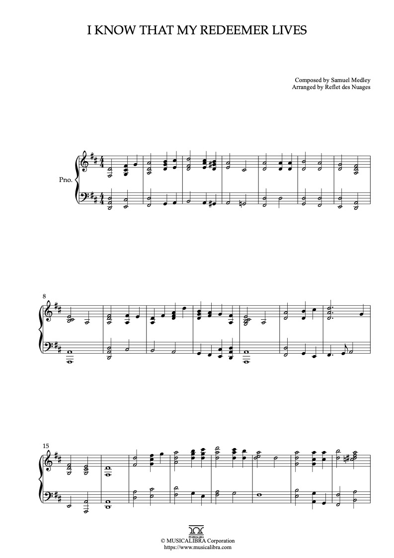 Partitura de I Know That My Redeemer Lives arreglada para piano solo