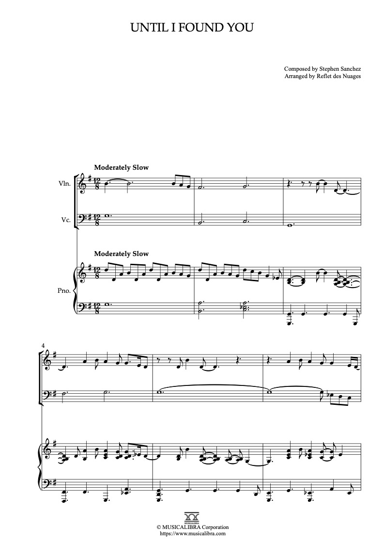Sheet music of Captain America Until I Found You arranged for violin, cello and piano trio chamber ensemble preview page 1