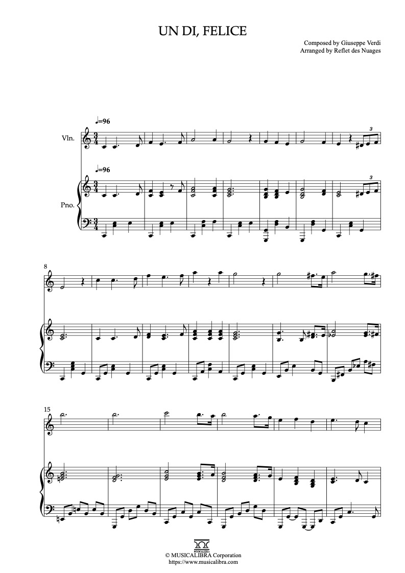 Partitura de La Traviata Un di, felice arreglada para dueto de violín y piano