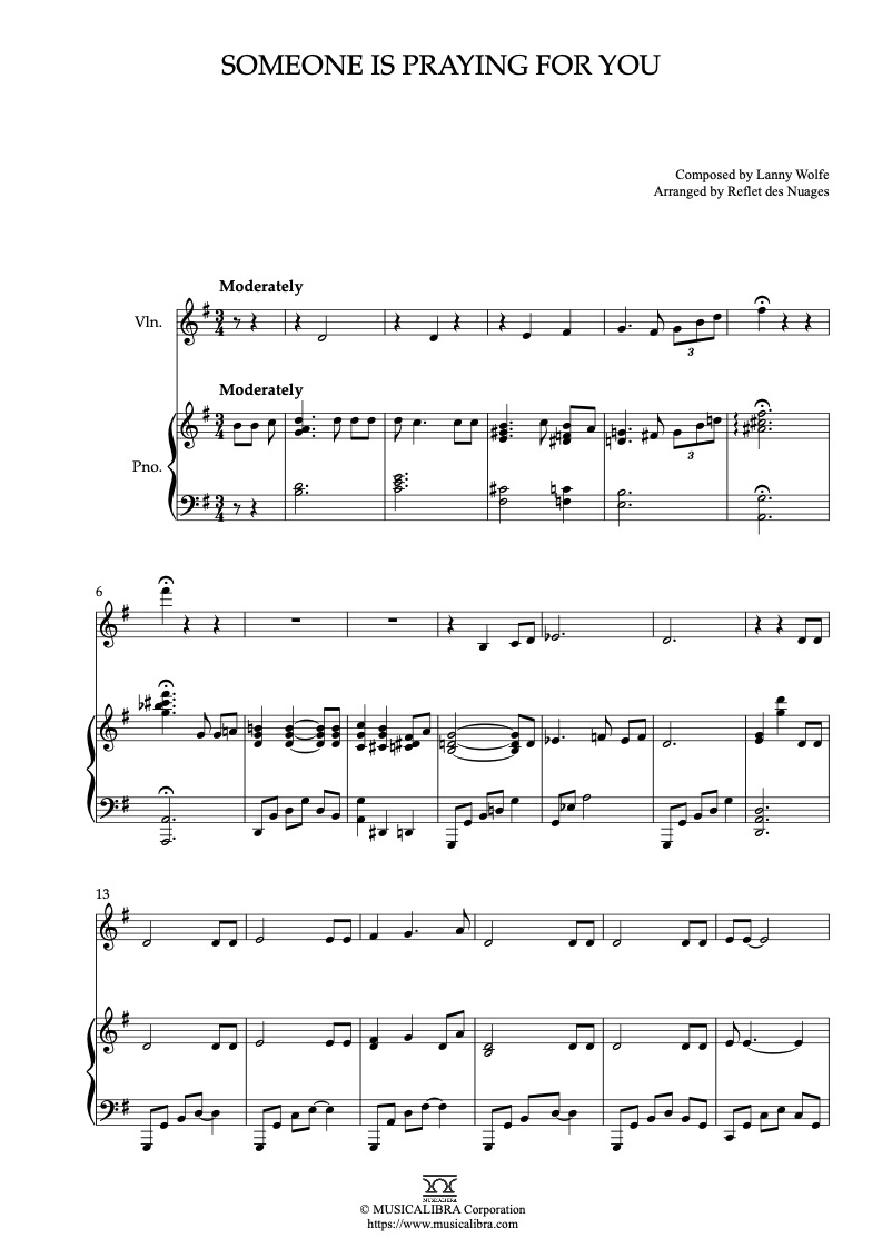 Sheet music of Someone Is Praying for You arranged for violin and piano duet preview page 1