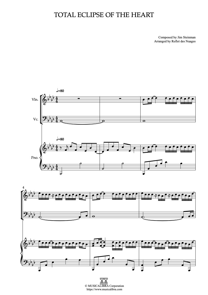 Partitura de Bonnie Tyler Total Eclipse of the Heart arreglada para trío de violín, violonchelo y piano
