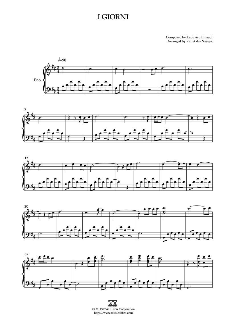 Sheet music of Ludovico Einaudi I Giorni arranged for piano solo preview page 1