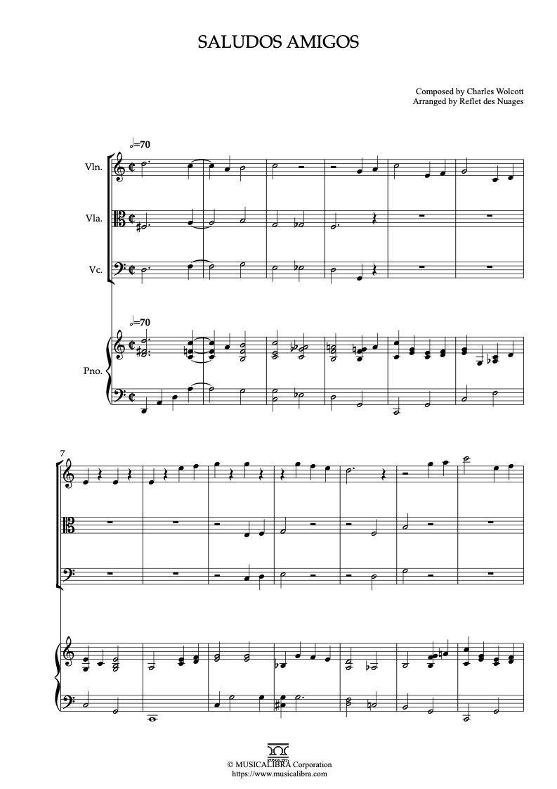 Partitura de Saludos Amigos arreglada para cuarteto de violín, viola, violonchelo y piano