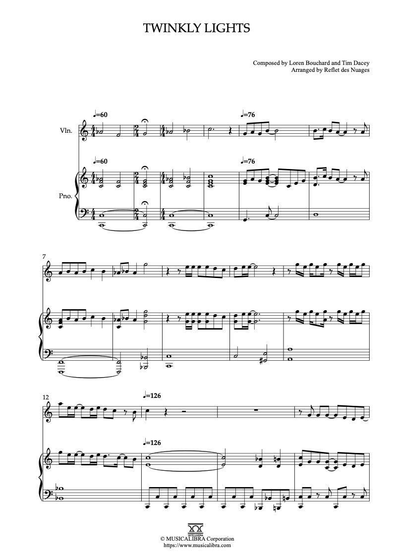 Sheet music of Twinkly Lights arranged for violin and piano duet chamber ensemble preview page 1