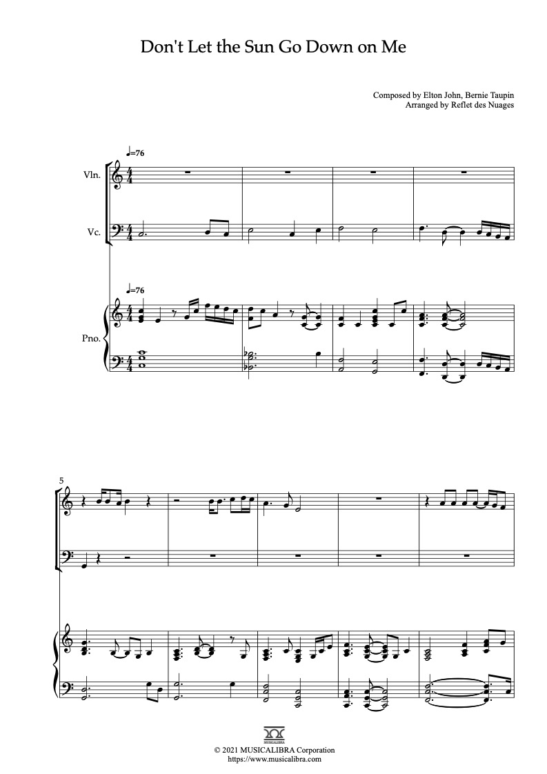 Sheet music of Elton John Don't Let the Sun Go Down on Me arranged for violin, cello and piano trio chamber ensemble preview page 1