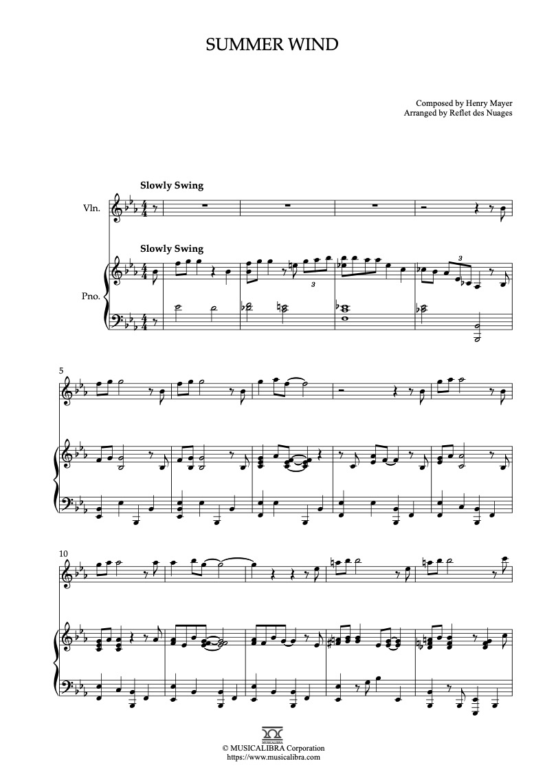 Frank Sinatra Summer Wind 二重奏 乐谱 - 小提琴, 钢琴
