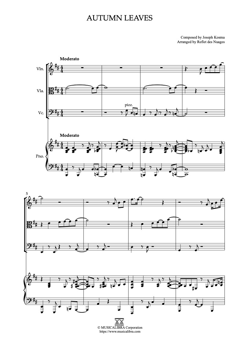 Autumn Leaves 바이올린, 비올라, 첼로, 피아노 쿼텟 실내악 앙상블 편곡 악보