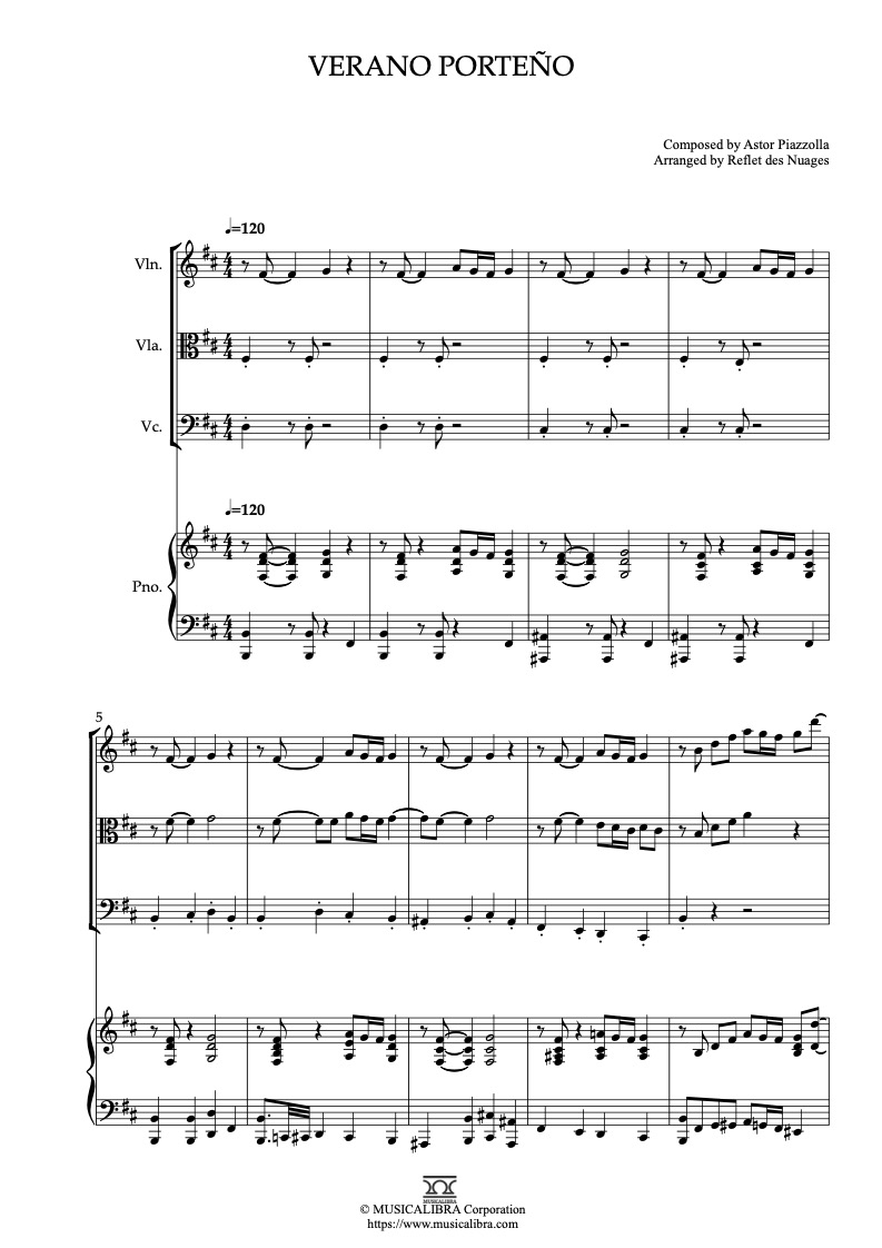 Partitura de Astor Piazzolla Verano Porteño arreglada para cuarteto de violín, viola, violonchelo y piano