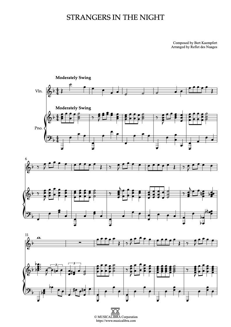 Partitura de Frank Sinatra Strangers in the Night arreglada para dueto de violín y piano