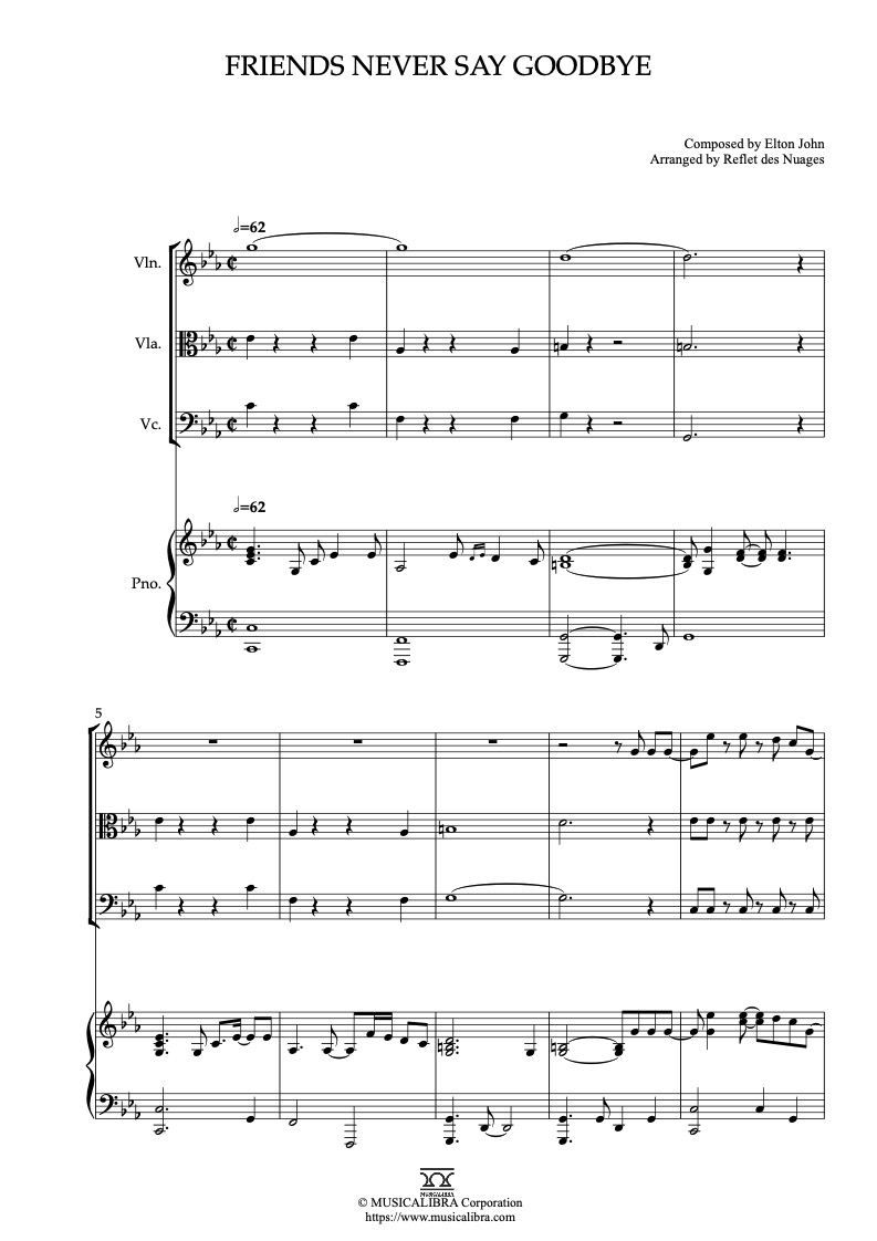 The Road to El Dorado Friends Never Say Goodbye 四重奏 乐谱 - 小提琴, 中提琴, 大提琴, 钢琴