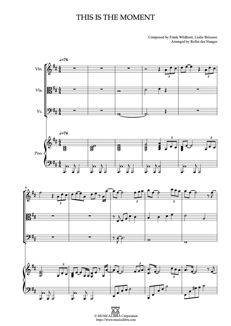 Partitura de This Is the Moment arreglada para cuarteto de violín, viola, violonchelo y piano
