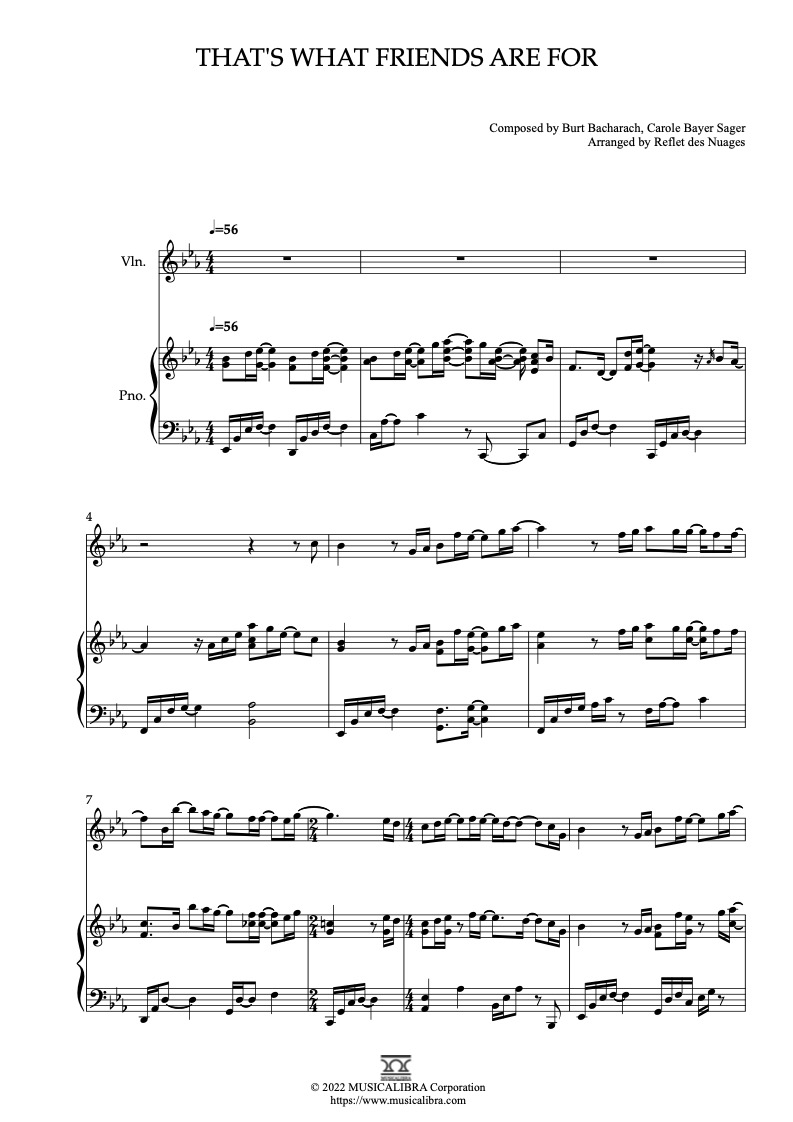 Sheet music of That's What Friends Are For arranged for violin and piano duet chamber ensemble preview page 1