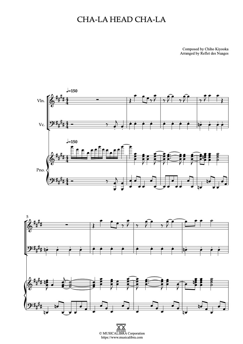 Partitura de Dragon Ball Z Cha-La Head Cha-La arreglada para trío de violín, violonchelo y piano