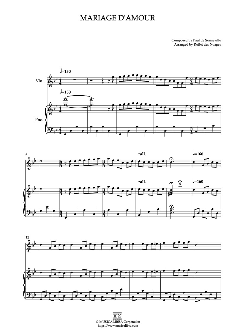 [DUET 악보] Mariage d'amour 편곡 악보 - 바이올린, 피아노 실내악 앙상블 : Musicalibra