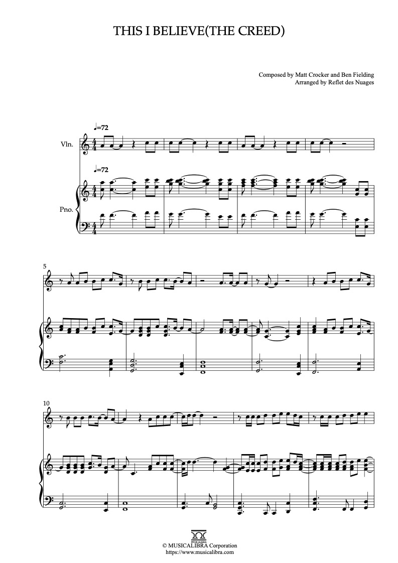 Sheet music of This I Believe(The Creed) arranged for violin and piano duet chamber ensemble preview page 1