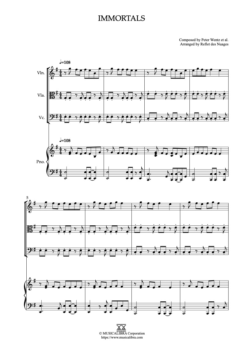 Partitura de Big Hero 6 Immortals arreglada para cuarteto de violín, viola, violonchelo y piano