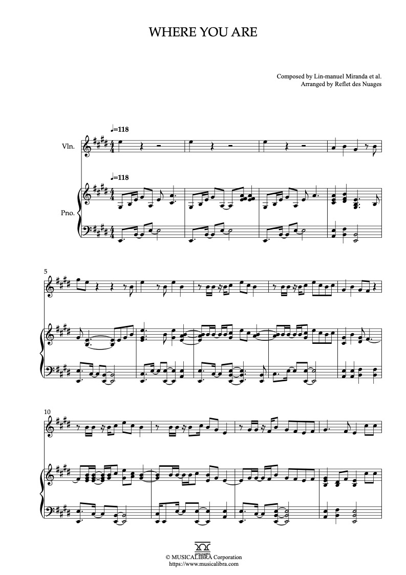 Sheet music of Moana Where You Are arranged for violin and piano duet chamber ensemble preview page 1