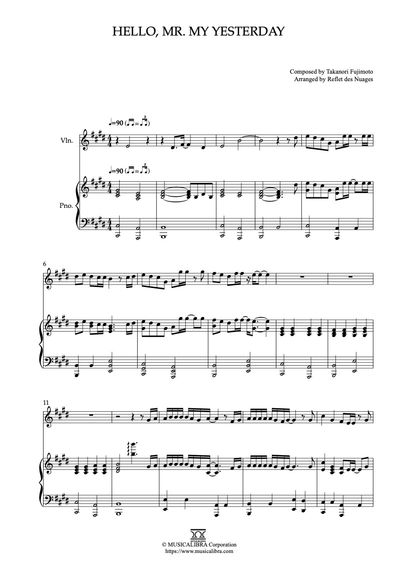 Sheet music of Detective Conan Hello, Mr. My Yesterday arranged for violin and piano duet chamber ensemble preview page 1