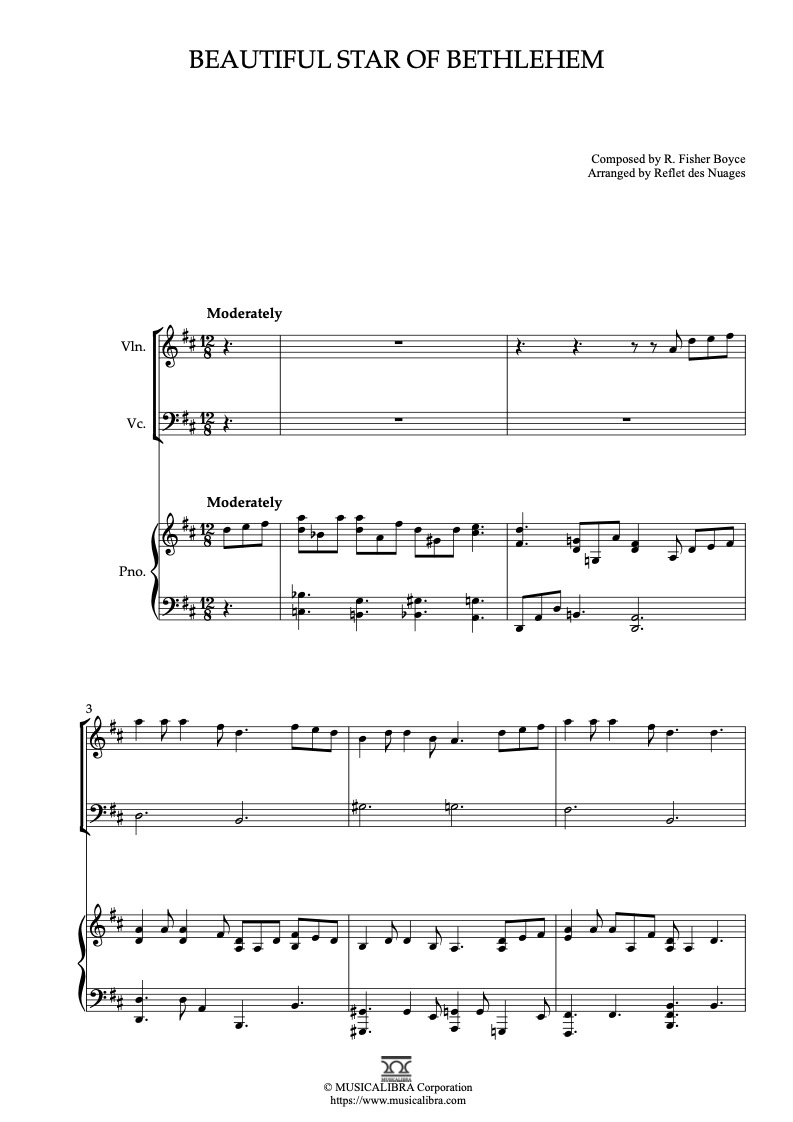 Beautiful Star of Bethlehem 編曲楽譜 - ヴァイオリン、チェロ、ピアノトリオ