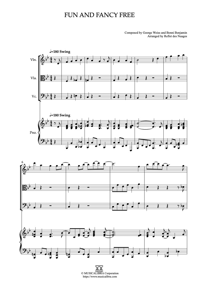 Partitura de Fun and Fancy Free arreglada para cuarteto de violín, viola, violonchelo y piano