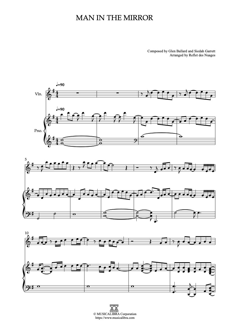 Partitura de Michael Jackson Man in the Mirror arreglada para dueto de violín y piano