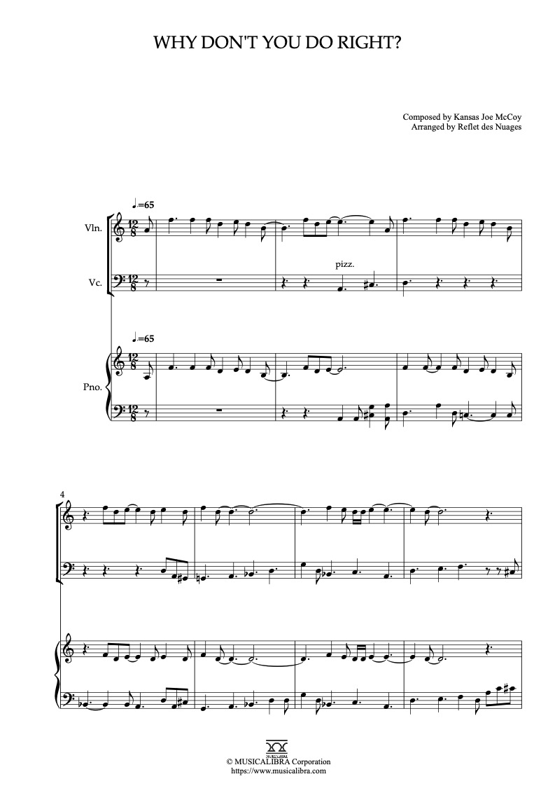 Sheet music of Who Framed Roger Rabbit Why Don't You Do Right? arranged for violin, cello and piano trio chamber ensemble preview page 1