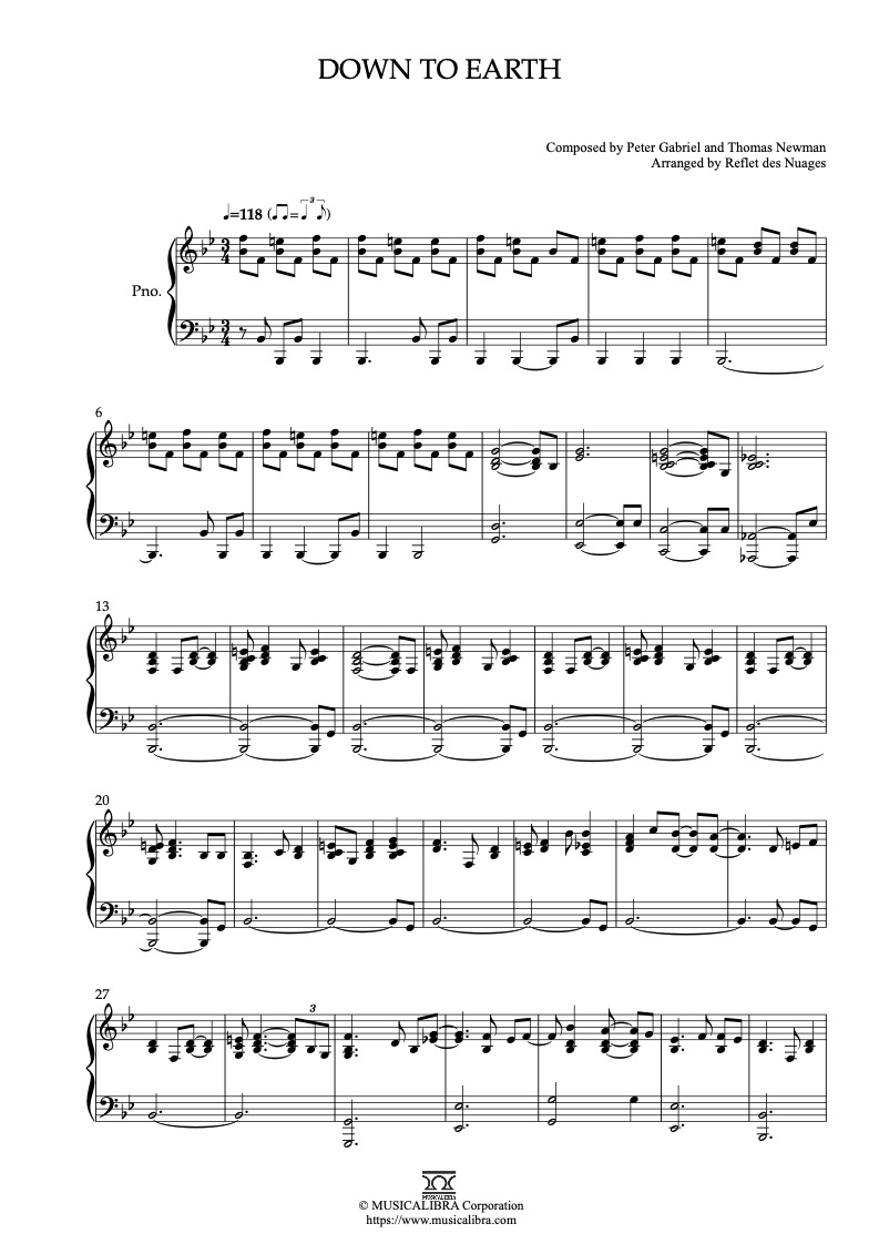 Partitura de Wall-E Down to Earth arreglada para piano solo