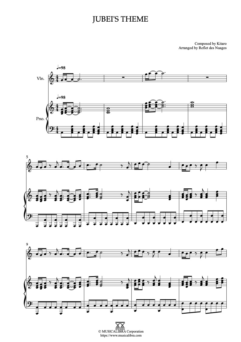 Partitura de Jubei's Theme arreglada para dueto de violín y piano