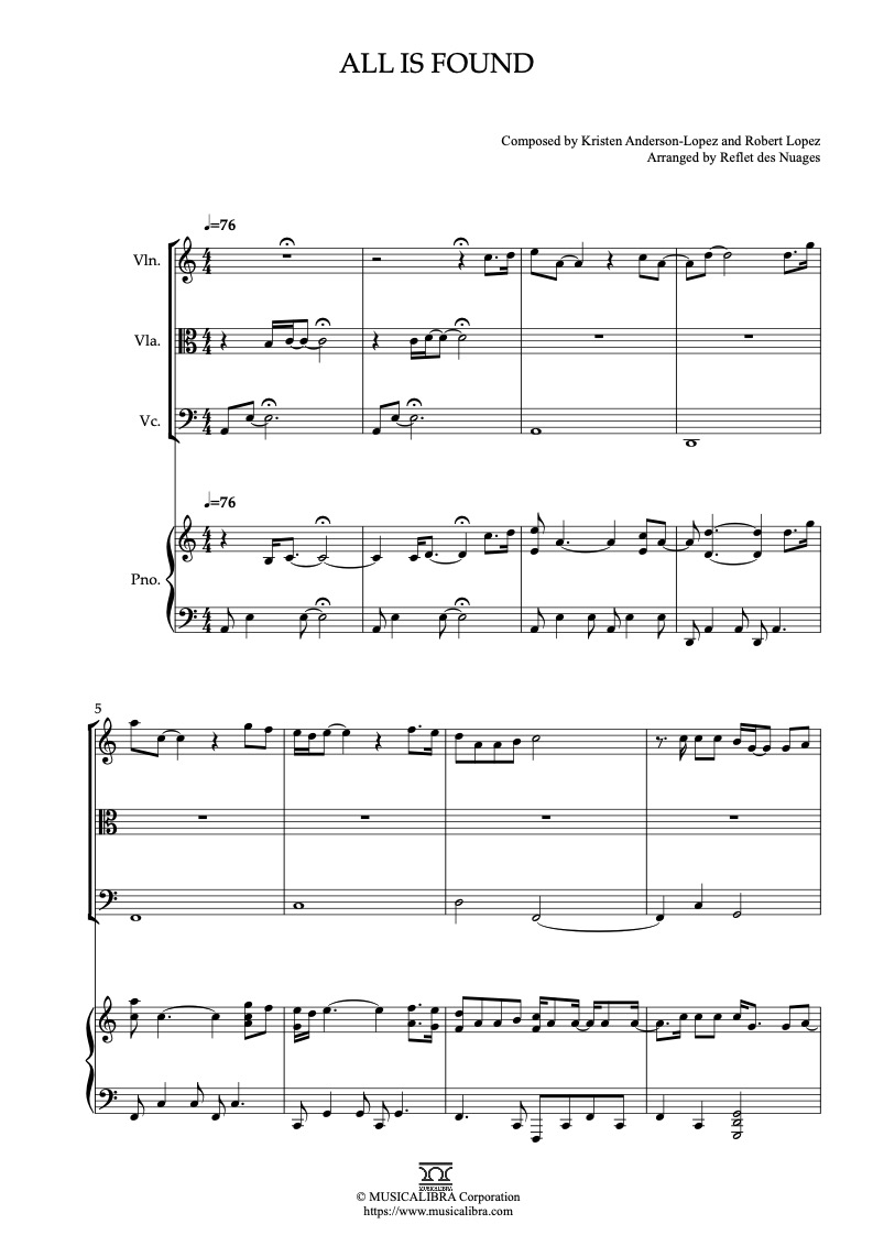 Frozen 2 All Is Found 四重奏 樂譜 - 小提琴, 中提琴, 大提琴, 鋼琴