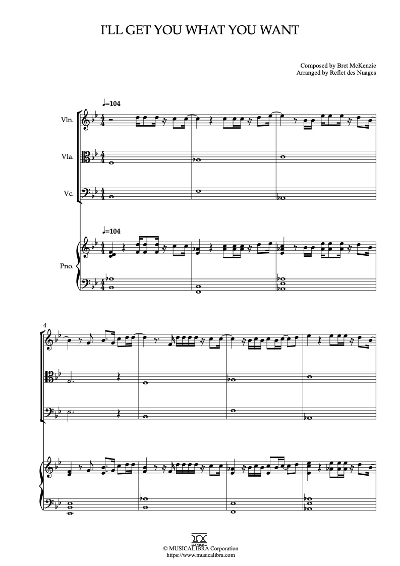 Sheet music of The Muppets I'll Get You What You Want arranged for violin, viola, cello and piano quartet chamber ensemble preview page 1